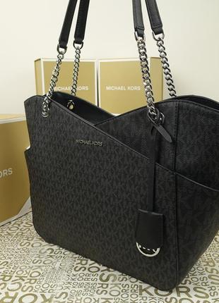 Сумка michael kors jet set shoulder tote черная лого корс оригинал6 фото