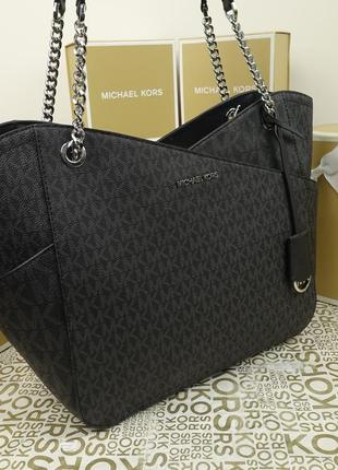 Сумка michael kors jet set shoulder tote чорна лого корс оригінал8 фото