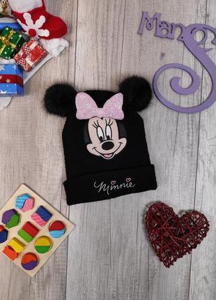 Зимняя шапка для девочки h&m вязаная minnie mouse с бантом с ушками черная размер 4-8 лет1 фото