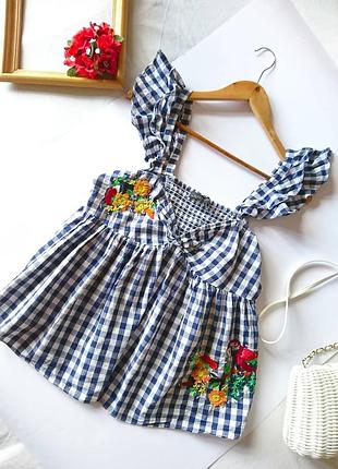 Котоновий топ в клітинку з вишивкою бісером, з воланами від zara, на р. м/l