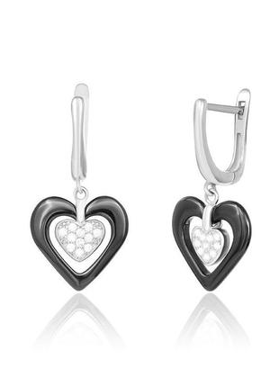 Срібні сережки серця з фіанітами і чорною керамікою, ск2фк/1010