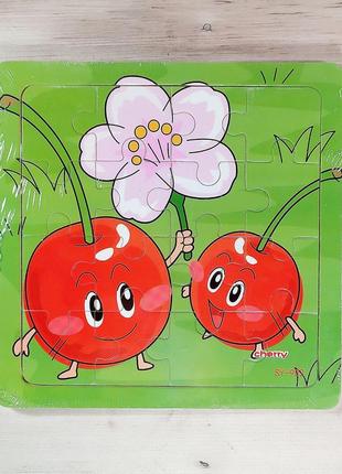 Дерев'яний дитячий пазл "вишеньки", з рамкою та підложкою (16 елементів), пазл фрукти для дітей