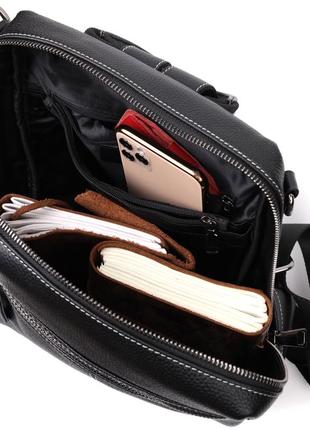 Місткий жіночий рюкзак-сумка прошитий білою строчкою з натуральної шкіри vintage 22314 чорний6 фото