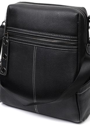 Місткий жіночий рюкзак-сумка прошитий білою строчкою з натуральної шкіри vintage 22314 чорний3 фото