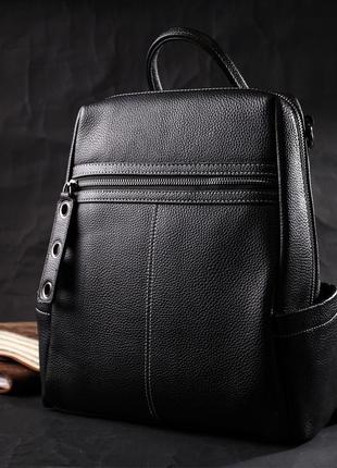Місткий жіночий рюкзак-сумка прошитий білою строчкою з натуральної шкіри vintage 22314 чорний7 фото