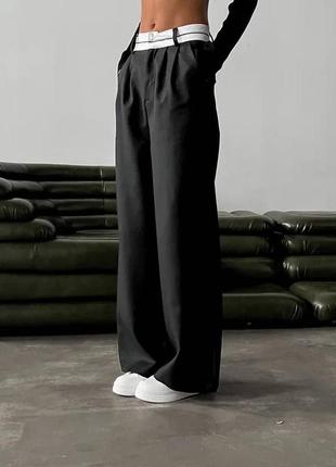 Брюки штани палаццо чорні з білим поясом стильні тренд хіт сезону класичні2 фото