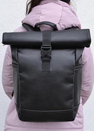 Рюкзак ролл-топ жіночий / чоловічий. з еко-шкіри. з секцією для ноутбука. модель: 9741. колір: чорний