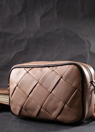 Модная кожаная сумка с переплетами для стильных женщин vintage 22409 бежевая6 фото