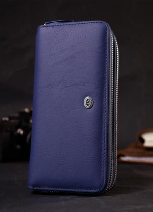 Вместительный женский кошелек-клатч с двумя отделениями на молниях st leather 19431 синий6 фото