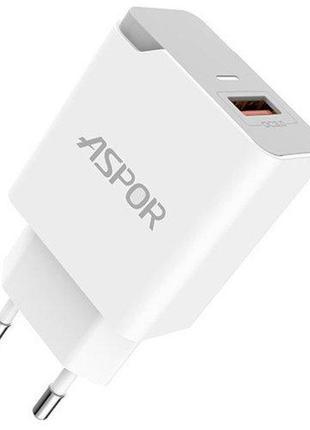 Мережевий зарядний пристрій aspor a822 fast charger (18w qc3.0 1usb/3a) + usb кабель type-c- білий