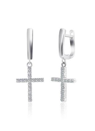 Срібні сережки хрести з фіанітами