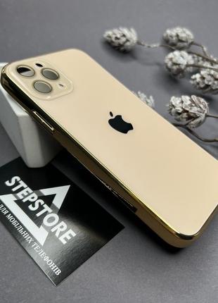 Чехол для iphone 11 pro стеклянный с хромированным ободком glass titanium case с линзами на камеру матовый