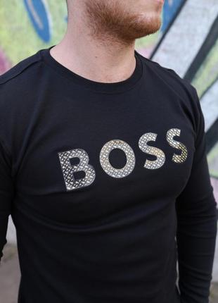 Реглан мужской черный брендовый boss, свитшот базовый босс для мужчины, одежда с золотой наклейкой принтом