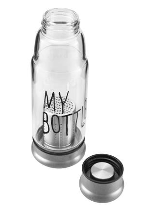 Скляна питна пляшка my bottle 420 мл із ситечком для заварки silver + чохол5 фото