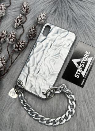 Чохол із ланцюжком для Xs max чохол сріблястий силіконовий протиударний матовий