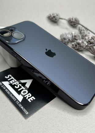 Чехол для iphone 15 plus стеклянный с хромированным ободком glass titanium case с линзами на камеру матовый