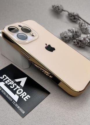 Чехол для iphone 15 pro стеклянный с хромированным ободком glass titanium case с линзами на камеру матовый