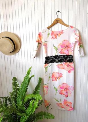 Летнее нарядное миди платье футляр сукня в обтяжку крупные цветы1 фото