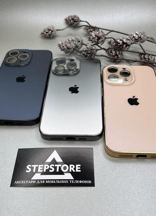 Чохол для iphone 14 pro скляний із хромованим обідком glass titanium case з лінзами на камеру матовий3 фото