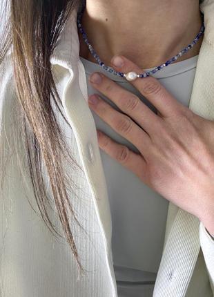 Ожерелье серебряное небесная гармония с натуральным содалитом и жемчугом, серебро 925 пробы, длина 39+5 см