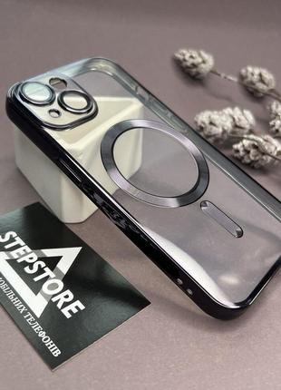 Чохол бампер для iphone 15 з magsafe лінзи на камеру прозорий хромований обідок протиударний