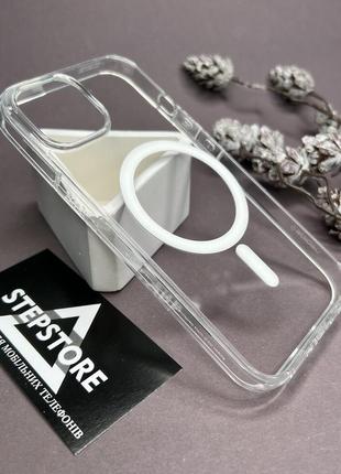 Чехол с magsafe для iphone 15 прозрачный противоударный пластиковый с магнитом кольцом