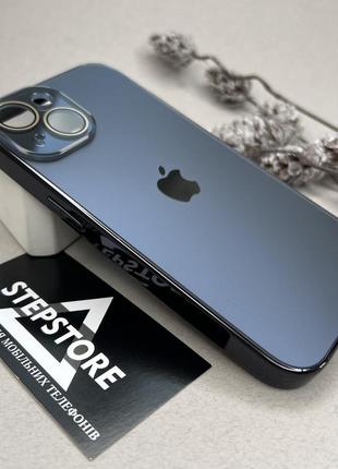 Чехол для iphone 15 стеклянный с хромированным ободком glass titanium case с линзами на камеру матовый