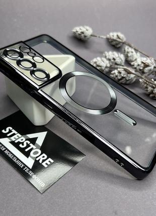 Чехол для samsung s21 ultra с линзами на камеру magsafe прозрачный хромирован ободок противоударный