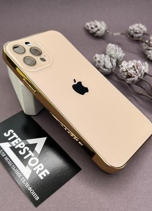 Чехол для iphone 12 pro стеклянный с хромированным ободком glass titanium case с линзами на камеру матовый