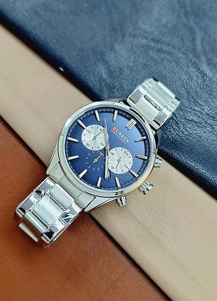 Мужские классические кварцевые стрелочные наручные часы  curren 8446  silver-blue. металлический браслет2 фото
