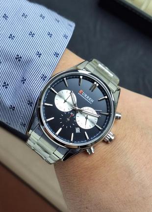 Мужские классические кварцевые стрелочные наручные часы  curren 8446  silver-blue. металлический браслет3 фото