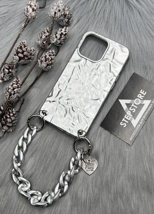 Чохол із ланцюжком для iphone 13 pro сріблястий силіконовий протиударний матовий2 фото