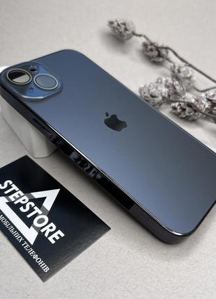 Чехол для iphone 14 plus стеклянный с хромированным ободком glass titanium case с линзами на камеру матовый