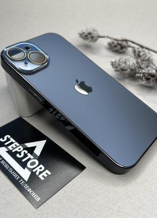 Чехол для iphone 14 стеклянный с хромированным ободком glass titanium case с линзами на камеру матовый