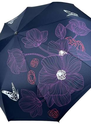 Женский складной зонт полуавтомат на 9 спиц от toprain с принтом цветов, темно-синий, 0137-4
