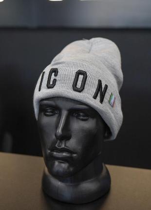 Мужская шапка серая "icon" с черной вышивкой, демисезонная шапка айкон, светло-серый головной убор для парня