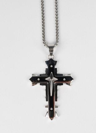 Подвеска мужская готическая. черно-серебристый крестик на цепочке 60 см. имиджевое украшение!