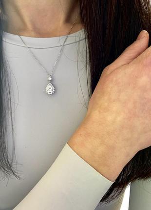 Підвіска срібна кристал дощу, ланцюжок у формі крапельки з фіанітів, срібло 925 проби, довжина 40+5 см