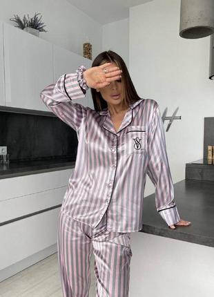 Костюм для дому жіночий сіро-рожевий victoria's secret піжама жіноча в полоску vs комплект піжамний жіночий вс (pink grey)