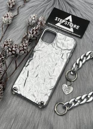 Чохол із ланцюжком для iphone 11 pro сріблястий силіконовий протиударний матовий2 фото