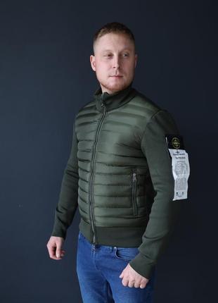 Тканевый мужской бомбер хаки stone island, теплая кофта с патчем стон айленд, демисезон куртка темно-зеленая3 фото