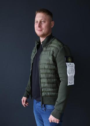 Тканевий чоловічий бомбер хакі stone island, тепла кофта з патчем стон айленд, легка демисезонна куртка для чоловіка темно-зелена