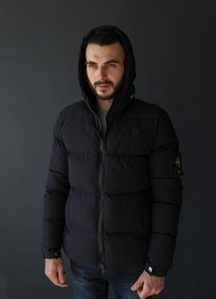 Мужская курточка черная зимняя stone island, теплая куртка для мужчины стон айленд черного цвета с пером гуся2 фото