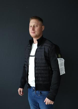 Тканевый мужской бомбер черный stone island, теплая кофта с патчем стон айленд, легкая демисезонная куртка