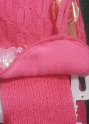 Шапка с шарфом детская на завязках  для девочки розовая, 44-46 размер.5 фото