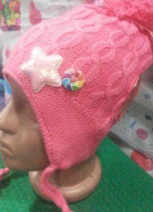 Шапка с шарфом детская на завязках  для девочки розовая, 44-46 размер.3 фото