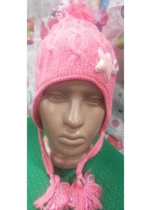 Шапка с шарфом детская на завязках  для девочки розовая, 44-46 размер.4 фото