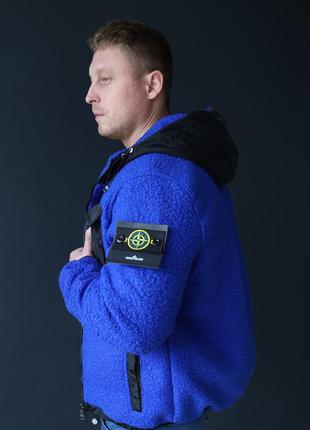 Чоловічий бомбер синій stone island, тепла кофта на замку для чоловіка стон айленд кольору електрік, куртка тедді осінь / весна