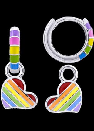 Сережки веселкові з підвісами серце кольорове з різнобарвною емаллю, d 12 мм