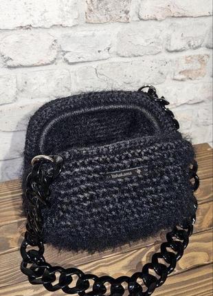 Сумка клатч пухнаста в'язана жіноча handmade чорна3 фото